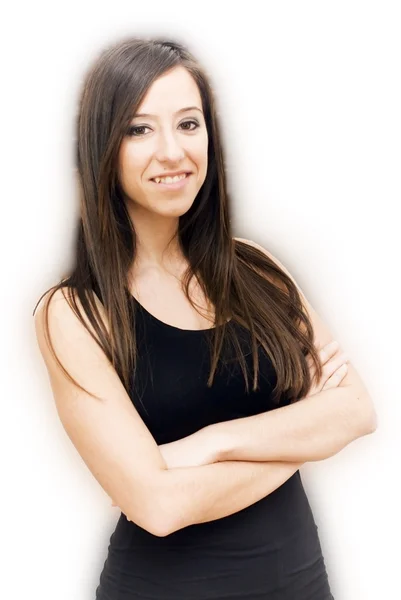 Retrato de jovem mulher bonita com camisa vermelha no backgr branco — Fotografia de Stock