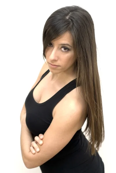 Retrato de jovem mulher bonita com camisa vermelha no backgr branco — Fotografia de Stock