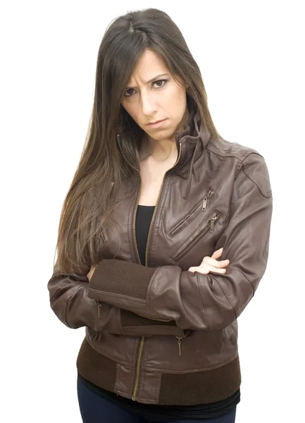 Portrait of the attractive brunette in a leather jacket — Stock Photo, Image