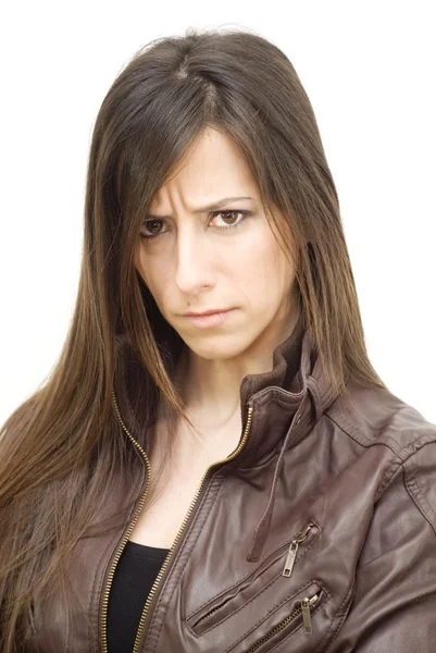 Portrait of the attractive brunette in a leather jacket — Stock Photo, Image