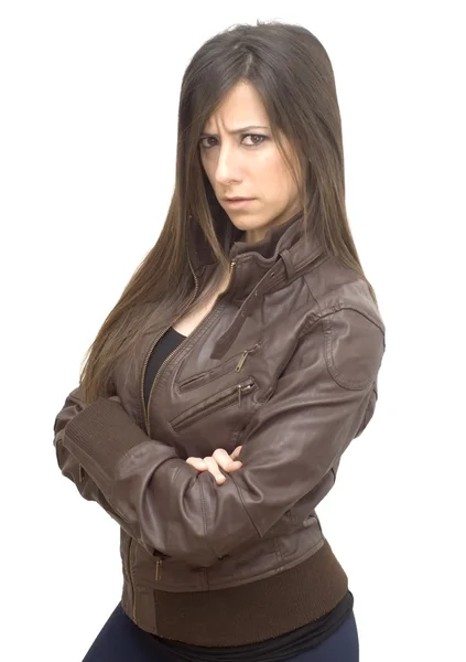 Portrait of the attractive brunette in a leather jacket — Stock Photo, Image