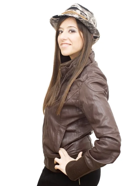 Portret van de aantrekkelijke brunette in een lederen jas — Stockfoto