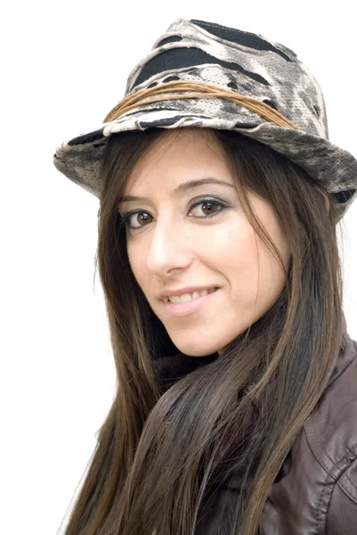 Portrét atraktivní brunetka v kožené bundě — Stock fotografie