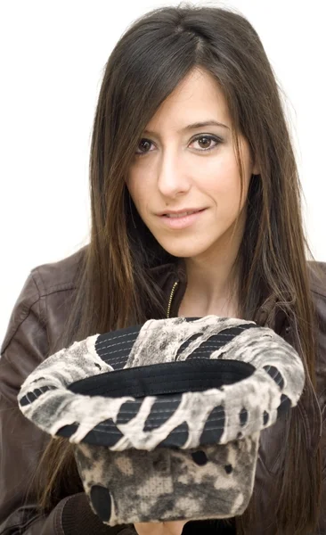 Portrét atraktivní brunetka v kožené bundě — Stock fotografie