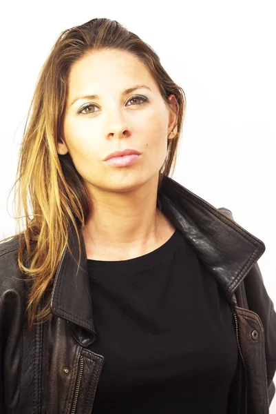 Portrait of young beautiful woman with black shirt — Stock Photo, Image