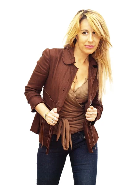 Pretty blonde woman with brown jacket — Stock Photo, Image