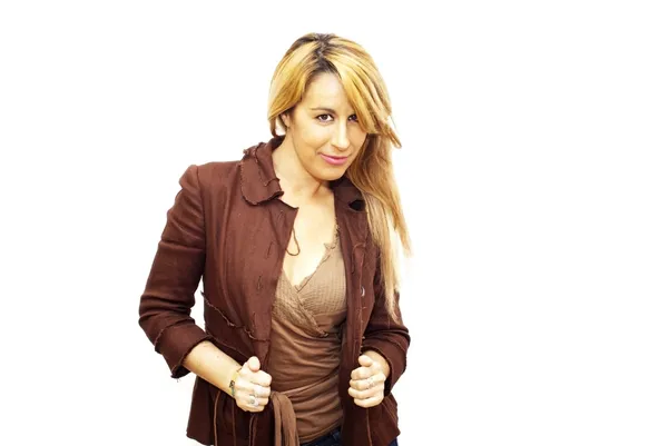 Pretty blonde woman with brown jacket Royalty Free Stock Images