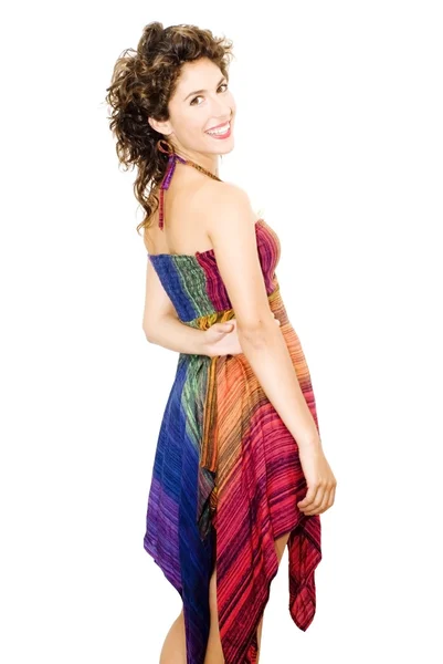 Mulher bonita com vestido de cores — Fotografia de Stock