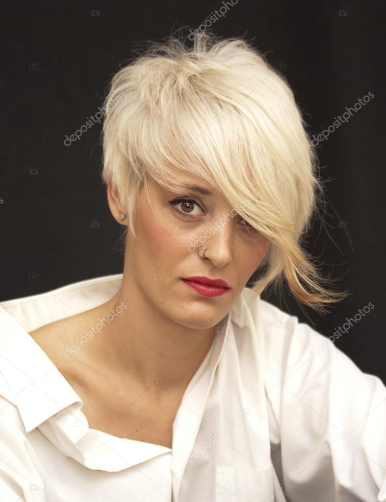 Beautiful woman with short white hair