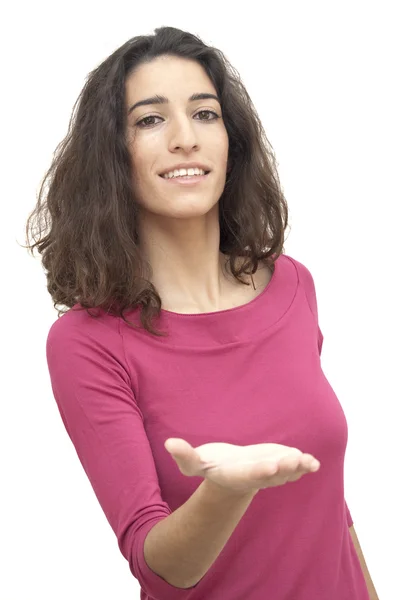 Mooie vrouw met zijn open hand — Stockfoto