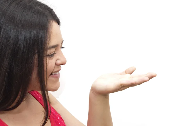 Mujer agradable con la mano abierta — Foto de Stock