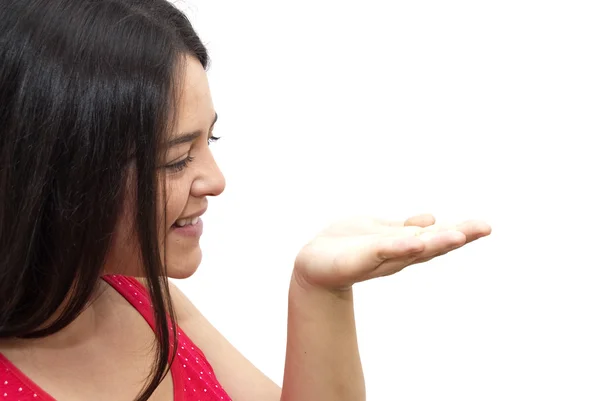 Mujer agradable con la mano abierta — Foto de Stock