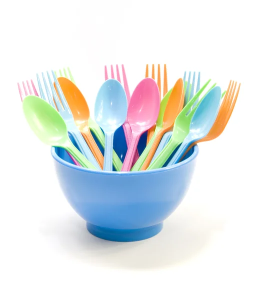 Plast porslin bestående av sked, gaffel och skålar — Stockfoto
