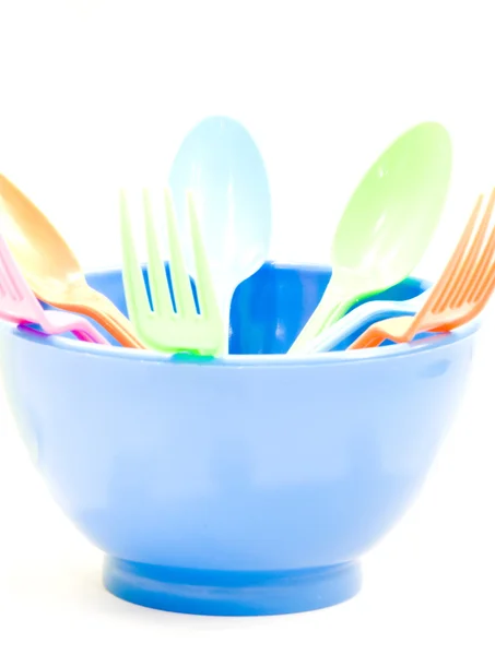 Plastikowe naczynia składające się z łyżką, widelcem i miski — Zdjęcie stockowe