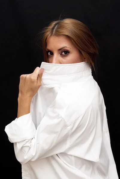 Sexig kvinna i underkläder med vit skjorta man — Stockfoto