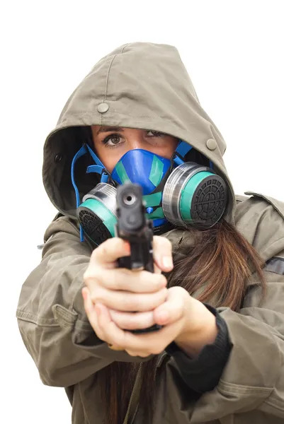 Beautiful  Woman With Gas Mask And Gun — Stock Photo, Image