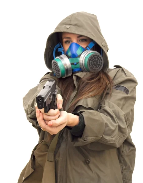 Beautiful  Woman With Gas Mask And Gun — Stock Photo, Image