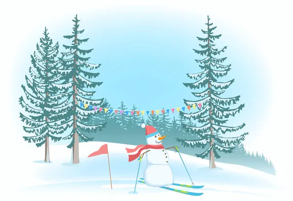 Bonhomme de neige drôle skiant dans l'écharpe rouge et chapeau. Paysage hivernal. — Image vectorielle