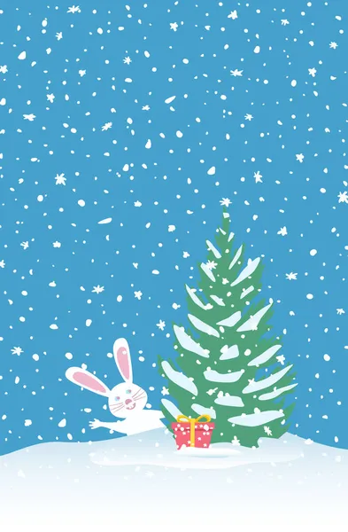 Scène d'hiver de Noël Orientation verticale. Lièvre près du sapin. — Image vectorielle