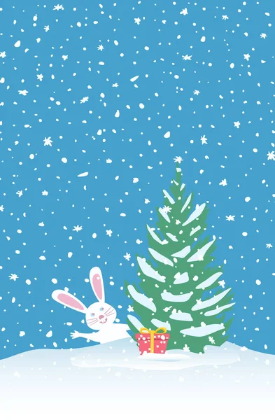 Рождественская зимняя сцена. Заяц у елки. — стоковый вектор