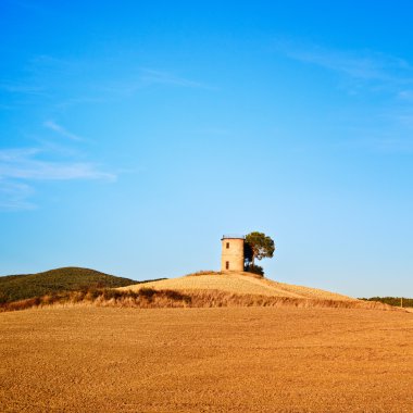 Tuscany, Maremma sunset landscape. Rural tower and tree on hill.