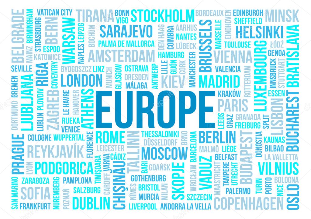 Europe, capitals of countries and other cities words cloud background