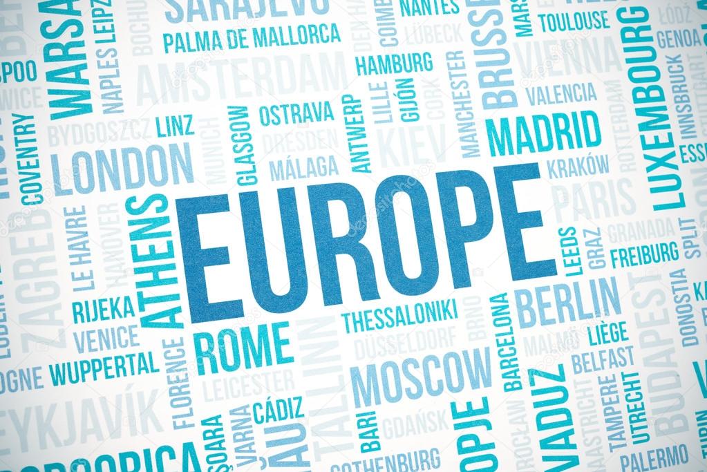 Europe cloud concept print, cities words background, vignette added