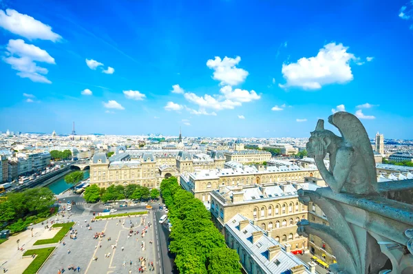 Gargoyle in de notre dame kathedraal, Eiffeltoren op achtergrond. PA — Stockfoto