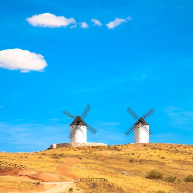 yel değirmenleri, kırsal yeşil alanlar ve mavi gökyüzü. Consuegra, İspanya