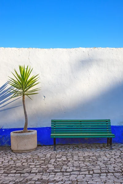 Dracaena planta cornstalk e um banco na frente de uma parede azul e branca. Óbidos, Portugal . — Fotografia de Stock