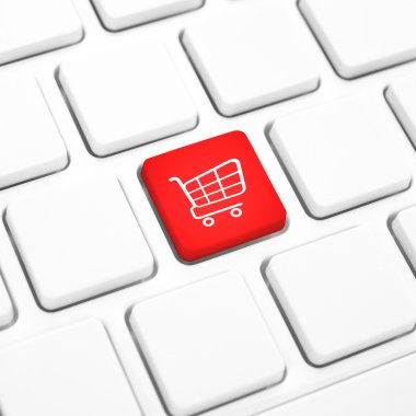 Shop online iş kavramı. Kırmızı alışveriş sepeti düğmesini veya klavyeden