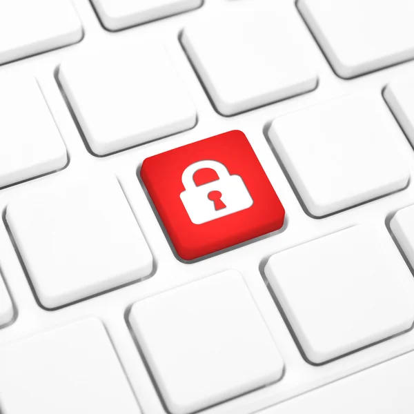 Conceito de login na Internet de segurança, botão de bloqueio vermelho ou tecla no teclado branco — Fotografia de Stock