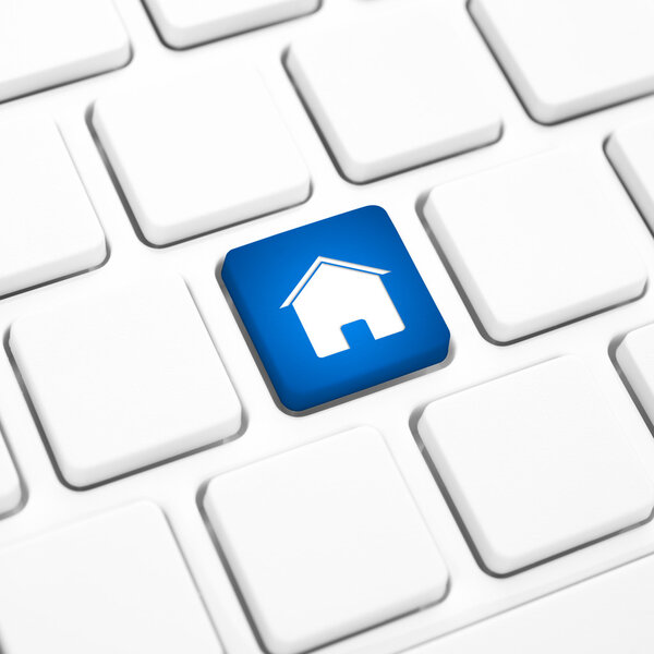 Home or real estate concept, blue house button or key on a keyboard