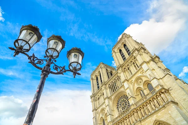 Notre Dame de Paris Cathedral on Ile Cite island and street lamp. Paris, France — Stock Photo, Image