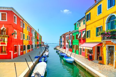 Venice landmark, Burano island canal, colorful houses and boats, clipart