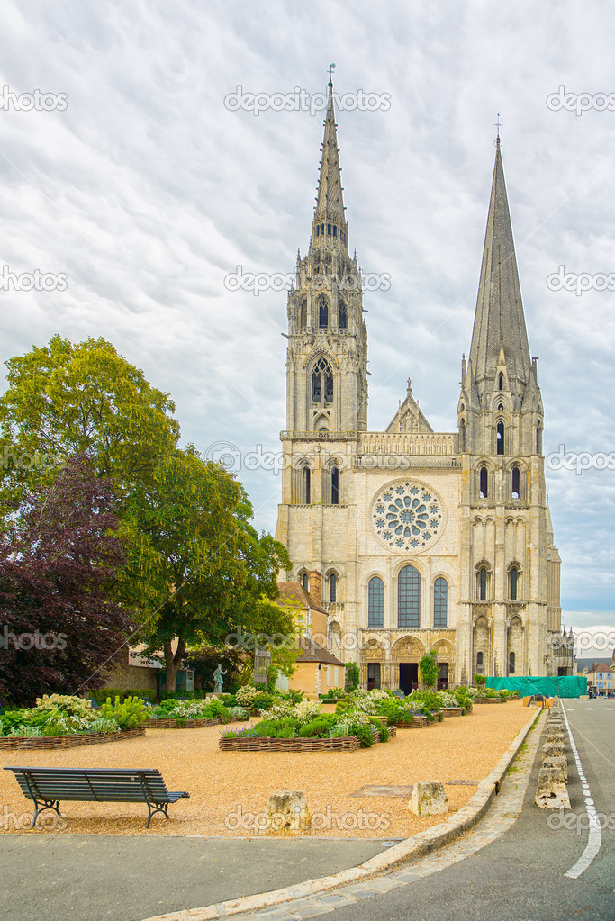 Chartres cathedral church medieval landmark front view, France