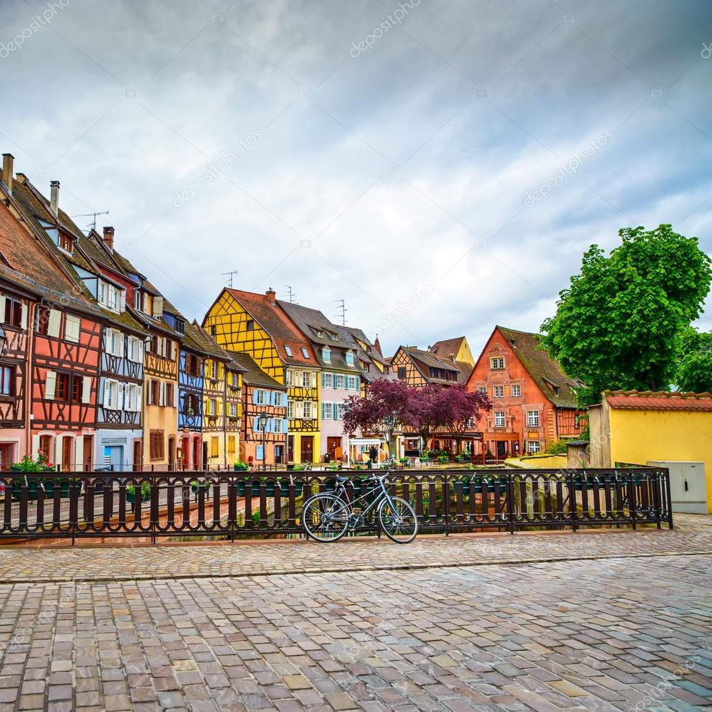 Colmar, Petit Venice, bridge, bike and traditional houses. Alsace, France.