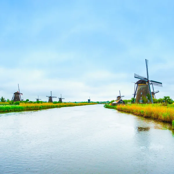 Windmolens en kanaal in Kinderdijk — Stockfoto