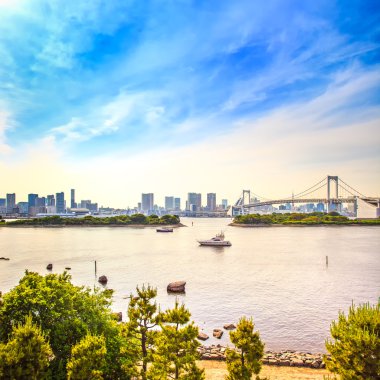 Tokyo günbatımı manzarası ile Gökkuşağı Köprüsü ve odaiba yuvasından. Japonya