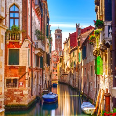 Venice cityscape, water canal, campanile church and traditional clipart
