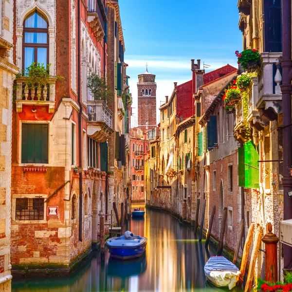 Venice cityscape, water canal, campanile church and traditional Royalty Free Stock Images