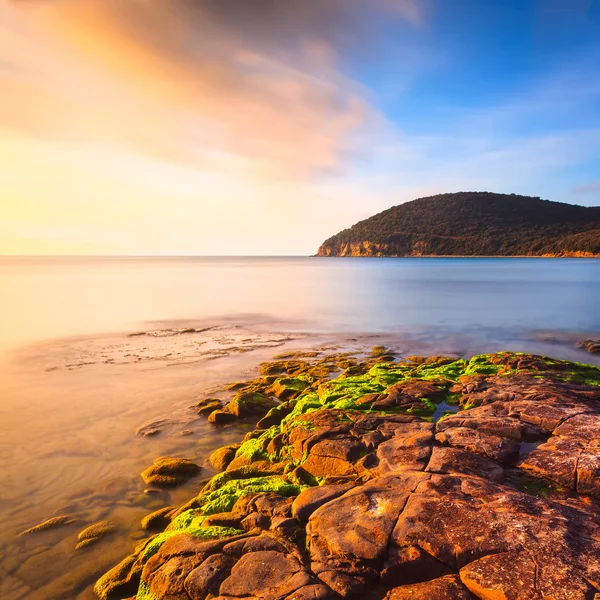 Pôr do sol na praia da Baía Cala Violina em Maremma, Toscana. Mediterrâneo — Fotografia de Stock