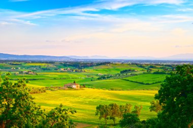 Maremma, kırsal günbatımı manzara. kırsal eski çiftlik ve yeşil 