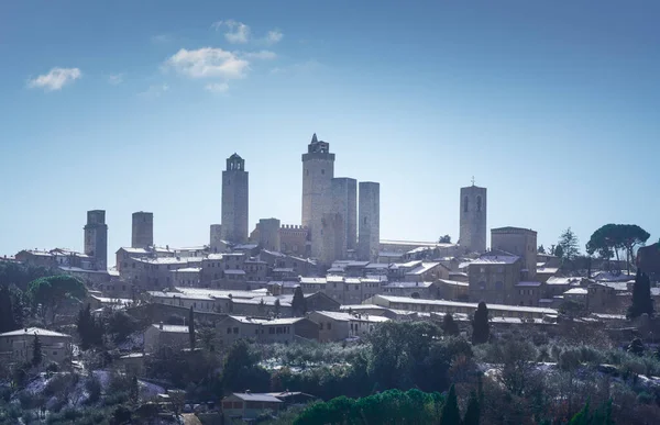 San Gimignano Ville Enneigée Tours Skyline Vignobles Hiver Toscane Italie — Photo