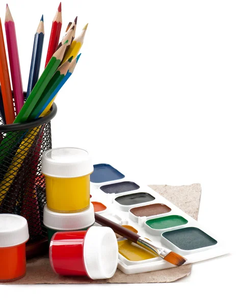 Pencils, brushes, paints for drawing — Stock Photo, Image