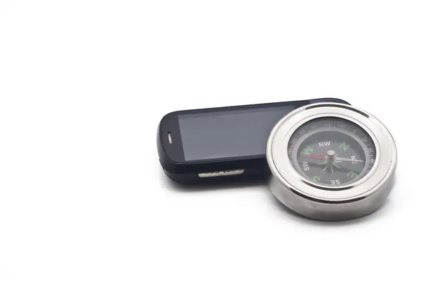 Kompass und Smartphone — Stockfoto