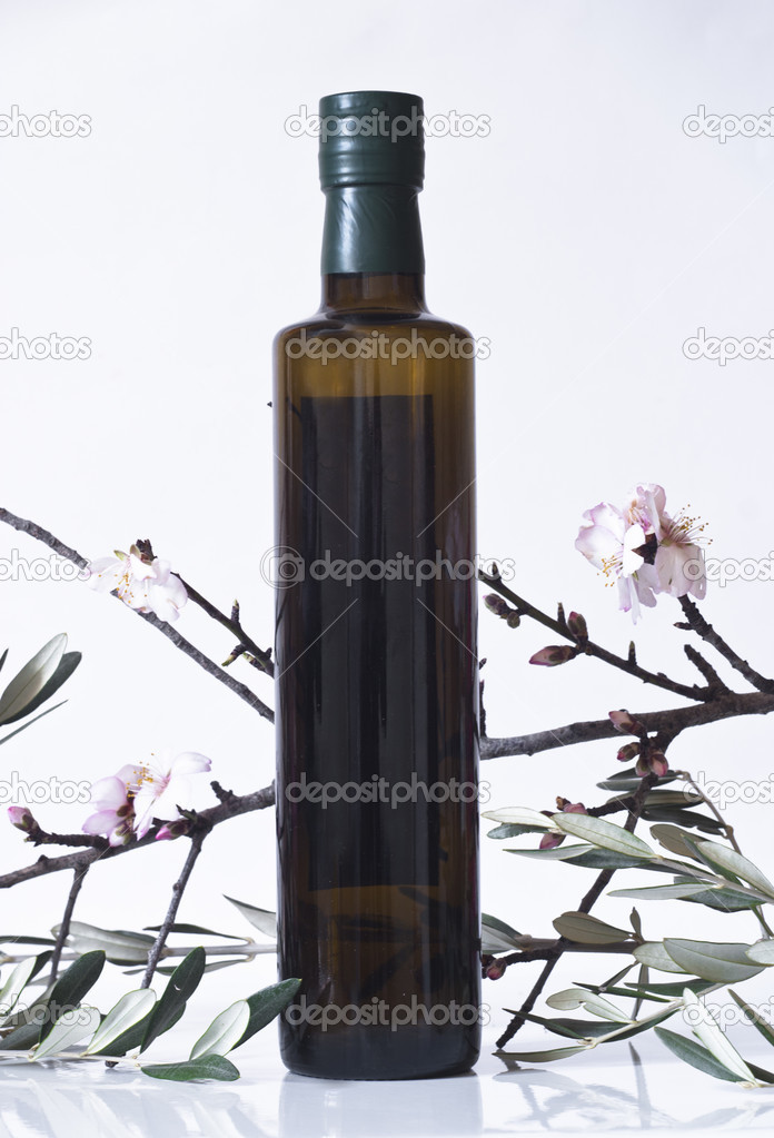olive branch and a bottle of olive oil