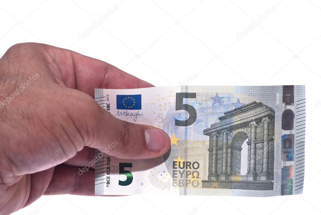 New ticket 5 euros in man hand