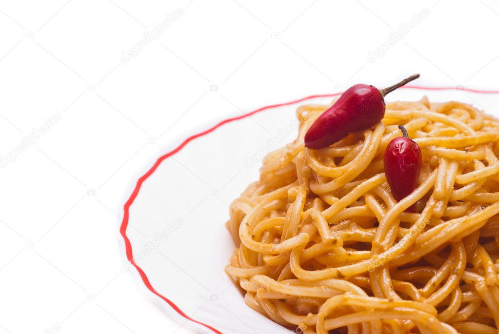 spaghetti with tomato and red hot chili peppers