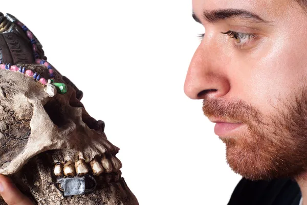 Student holding skull — Stock Photo, Image